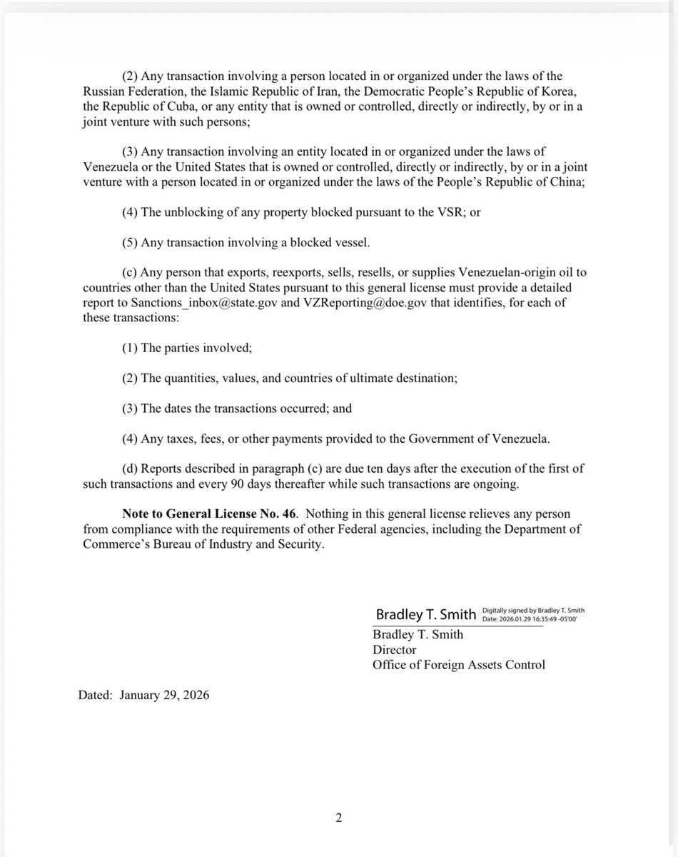 OFAC emite la Licencia General 46: autoriza a entidades estadounidenses establecidas antes del 29 de enero de 2025 a realizar operaciones integrales con crudo venezolano, bajo ley y jurisdicción de EE. UU., pagos a cuentas controladas por el Tesoro y estrictas exclusiones (China,