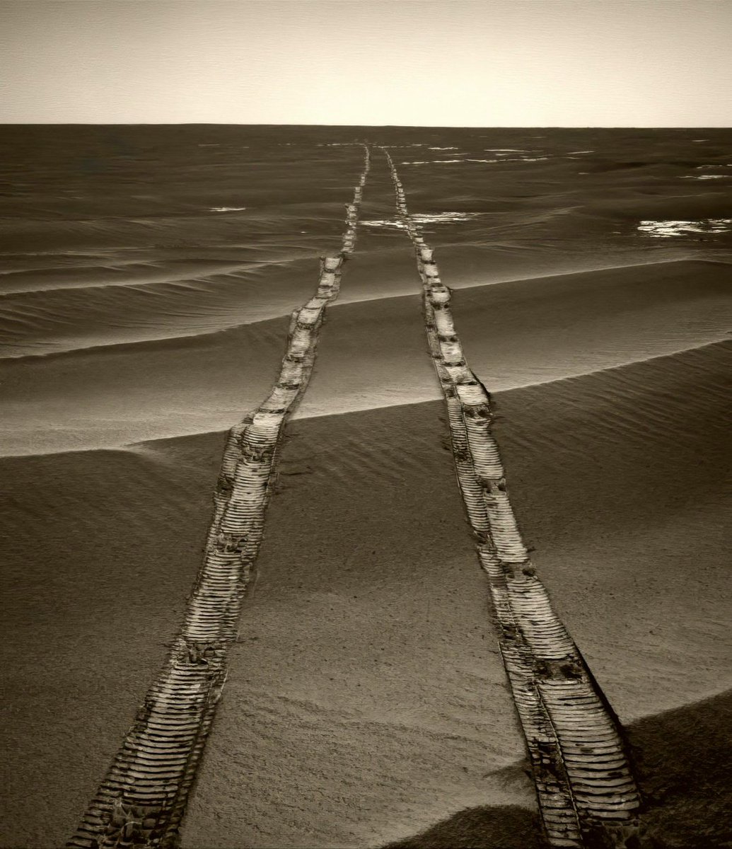 🚨 Opportunity rover looks back at its tracks.

Opportunity was lost to a powerful dust storm in 2018. 

Built to last 3 months, but survived for 15 years.