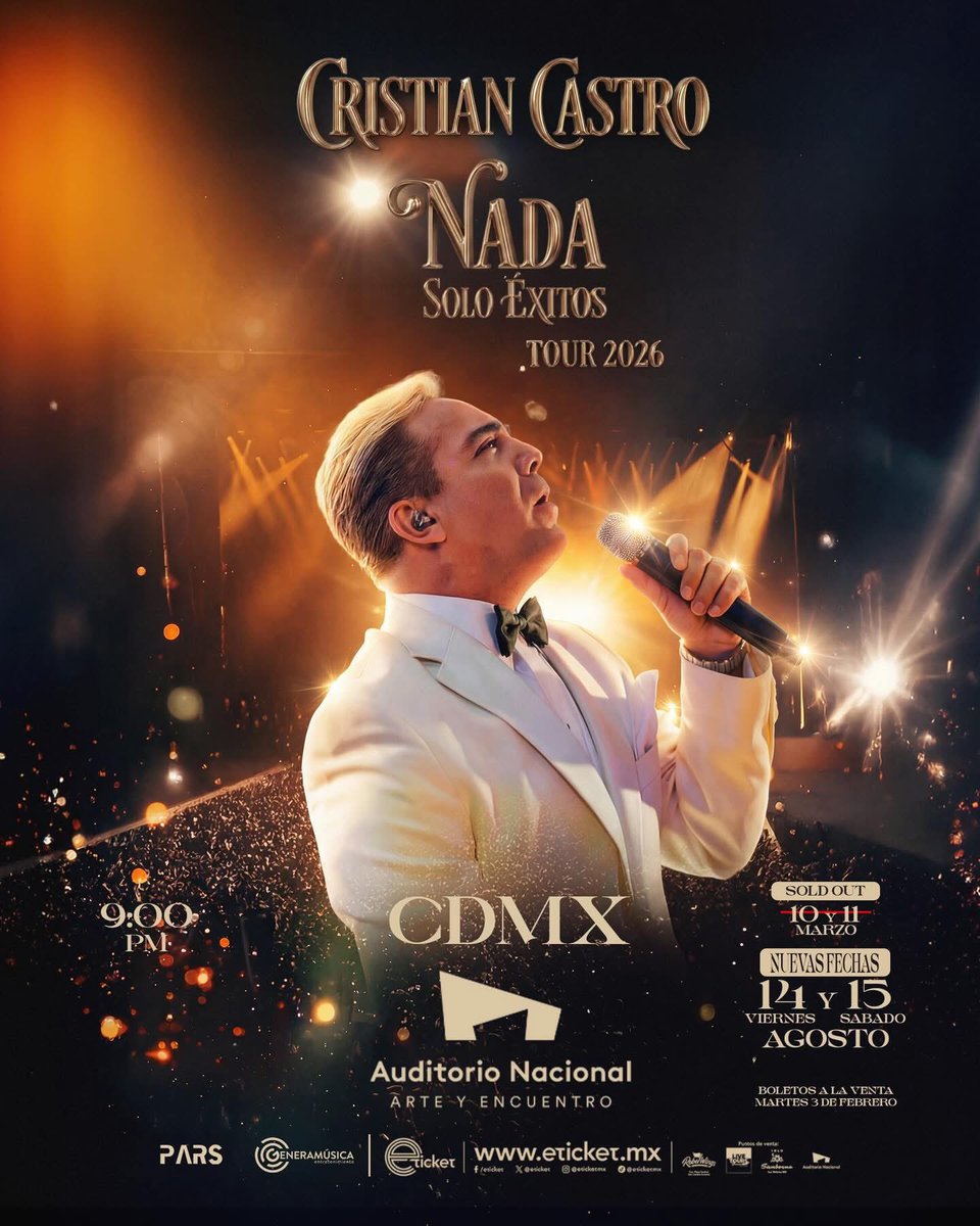ailoviutl's tweet image. 🚨 ANUNCIO OFICIAL: NUEVAS FECHAS 🚨

CRISTIAN CASTRO 🎤 SOLO ÉXITOS TOUR
🗓️ 14 y 15 de Agosto del 2026 🗓️
🏟️ Auditorio Nacional 🏟️
📍 CDMX 📍🇲🇽 Tour México 🇲🇽

🎫 Fechas de Preventa 🎫

Venta General: Martes 3 de Febrero 11:00 AM

-No habrá Preventas Bancarias-

🎟️ Precios de…