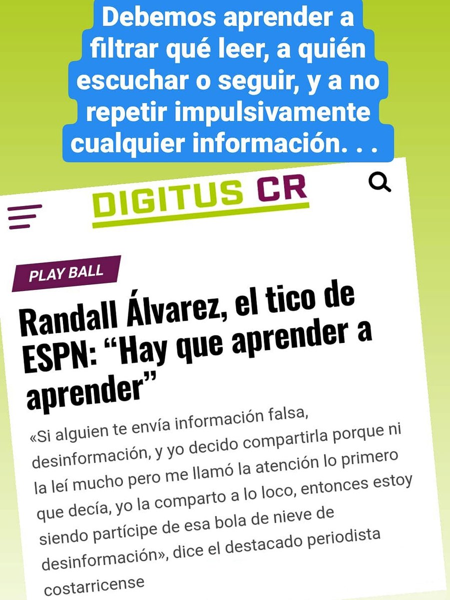 Siempre hablo mucho de este tema, y reitero mis consejos en vísperas de #EleccionesCR con tanta "fake news y desinformación" en circulación...
* Aplica en ámbito personal y profesional:
Desinformación = Chisme = Realidad Distorsionada!!
¡Normalicen VERIFICAR con fuentes 'fiables'