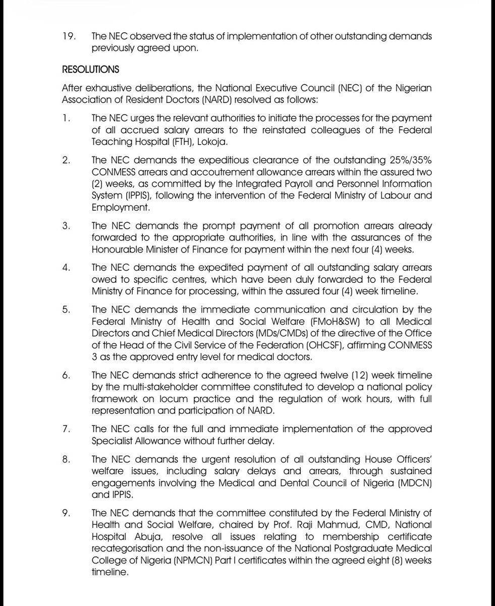 mohagirei's tweet photo. *THE JANUARY NEC MEETING*

Distinguished NARDites,

(Reading all comments as in the picture above 🤣🤣)

_What really happened?_
_12 hours of extensive deliberations_
_What did NEC resolve_

I want to start by apologizing to NARDites for the late write up. The week has been very busy, upon the already hectic schedule of following up #TICS. Channels and Arise called for interviews tonight and tomorrow morning but i am too exhausted to be in Abuja today.

In the 12 hours of extensive deliberations, over 15 motions moved without counter motions and all resolutions reached unanimously, The NEC Meeting only had a 45 minutes recess in between.

*LOKOJA 5 (+2)*
4 months ago, this matter was dead and buried. After series of ultimata, a 29 day strike, an MoU, 2 federal government committees, the National Assembly, the Vice President’s intervention, the FMOH&SW finally resolved to convert all their terminations to reprimands and letters of undertaking (already written). This approval is in possession of the NARD Secretariat. This approval and conveyance was read to our Lokoja colleagues and the NEC during multiple NEC meetings. The NEC resolved its time to start pursuing their emoluments. What is now been sorted out is where they will resume. They’re to get their reinstatement letters and duty resumption/posting together. The NOC shall be in Abuja for that. *REINSTATEMENT WAS THE MINIMUM DEMAND ON THE 19-POINT DEMAND AND THE MoU*

*PAT and SA*
While the above has been captured in the budget, while the FMOH&SW + OAGF has okayed its implementation, it has not been captured in January Salary. The NEC granted till February ending to the NARD NOC for its implementation otherwise, we lift the suspension on commencing TICS 2.0. On SA, it is centrally being pushed to be paid but any centre that can engage its management can begin to do so. Just like JUTH. RELEASE AND IMPLEMENTATION WAS THE MINIMUM ON THE 19 -POINT DEMAND*

*PROMOTION AND SALARY ARREARS*
This over 5 years arrears is before The FMOF and the Minister of Finance. They are to give NARD a payment plan. NEC graciously has given till February ending. *SUBMISSION AND PAYMENT IS THE MINIMUM DEMAND*

*2022/2023/2024/2025 SUPPLEMENTARY MRTF* (outstanding) :- PAID YESTERDAY

*25/35% OUTSTANDING ARREARS*
DUFUTH ABAKALIKI, FUHSTH OTUKPO and JUNE 2023 for UDUTH SOKOTO ALL PAID. The remaining centers have some with names of members who already had gotten the arrears submitted as omissions. NARD Secretariat to work with IPPIS within 2 weeks to clarify and get those paid.

*WORKHOUR AND LOCUM REGULATION*
Committee given 3 months, work has started.

*MEMBERSHIP RECATEGORISATION/POST PART 1 CERTIFICATION BY NPMCN*
Prof Muhammad Raji Mahmud, CMD NHA to chair the committee to resolve the matter in 8 weeks.

*NARD WELFARE AND HEALTH POLICY FOR MEMBERS*
The policy proposal was presented, NEC reviewed it, ratified it unanimously and approved N1000 from the capitation be made available for this project. If interested in the details, I’ll oblige.

OTHER INITIATIVES FOR THIS YEAR
i. NARD Multipurpose Cooperative Society
ii. NARD Printing Press/Business Centre
iii. NARD Water Bottling Company
iv. NARD Corporate Desk (7 partnerships with corporate entities currently at the stage of MoU drafting and signing 

All of the above were deliberated upon, motions moved and unanimously passed on the floor of NEC.