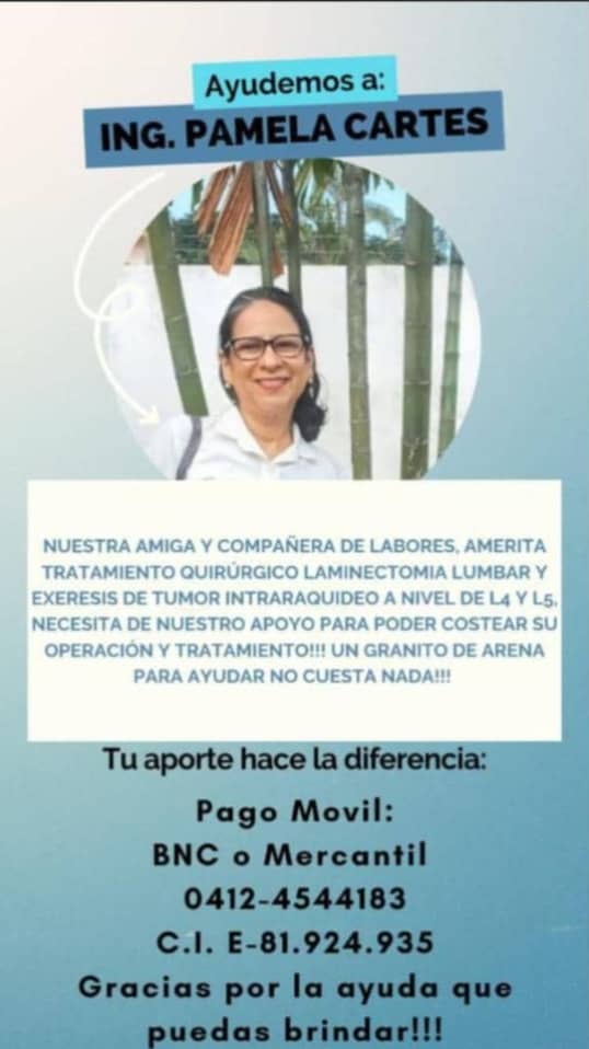 The_ShipsCook's tweet photo. #ATENCION La Profesora de la Facultad de Ingeniería de la UNIVERSIDAD DE CARABOBO Ingeniero Pamela Cartes necesita de la colaboración de todos nosotros para costear una cirugía que amerita prontitud.
Las personas que puedan contribuir aunque sea un RT ayuda.
Gracias https://t.co/7tzCz45q6v