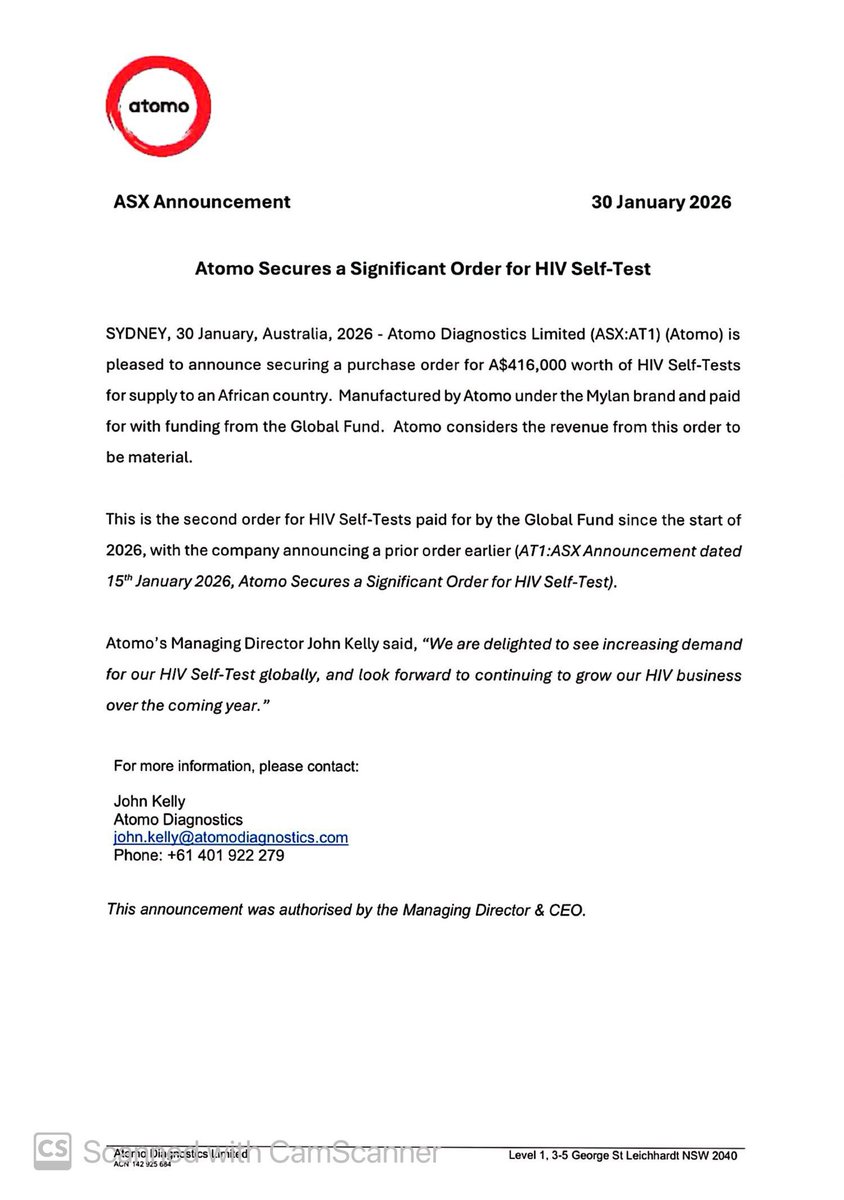 SalvadorMaurice's tweet image. #AT1

Atomo Secures a Significant Order for HIV Self-Test

Atomo Diagnostics Limited is pleased to announce securing a purchase order for A$416,000 worth of HIV Self-Tests for supply to an African country. Manufactured by Atomo under the Mylan brand and paid for with funding from