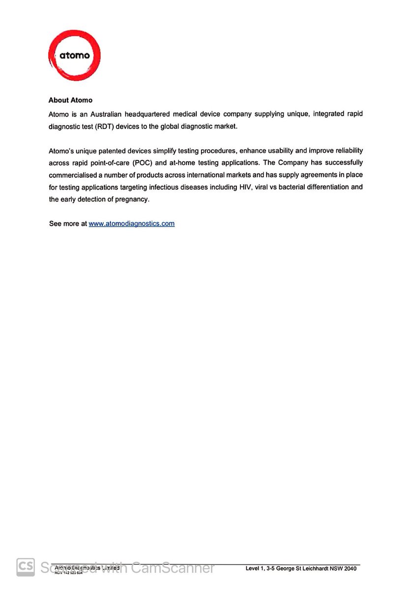 SalvadorMaurice's tweet image. #AT1

Atomo Secures a Significant Order for HIV Self-Test

Atomo Diagnostics Limited is pleased to announce securing a purchase order for A$416,000 worth of HIV Self-Tests for supply to an African country. Manufactured by Atomo under the Mylan brand and paid for with funding from