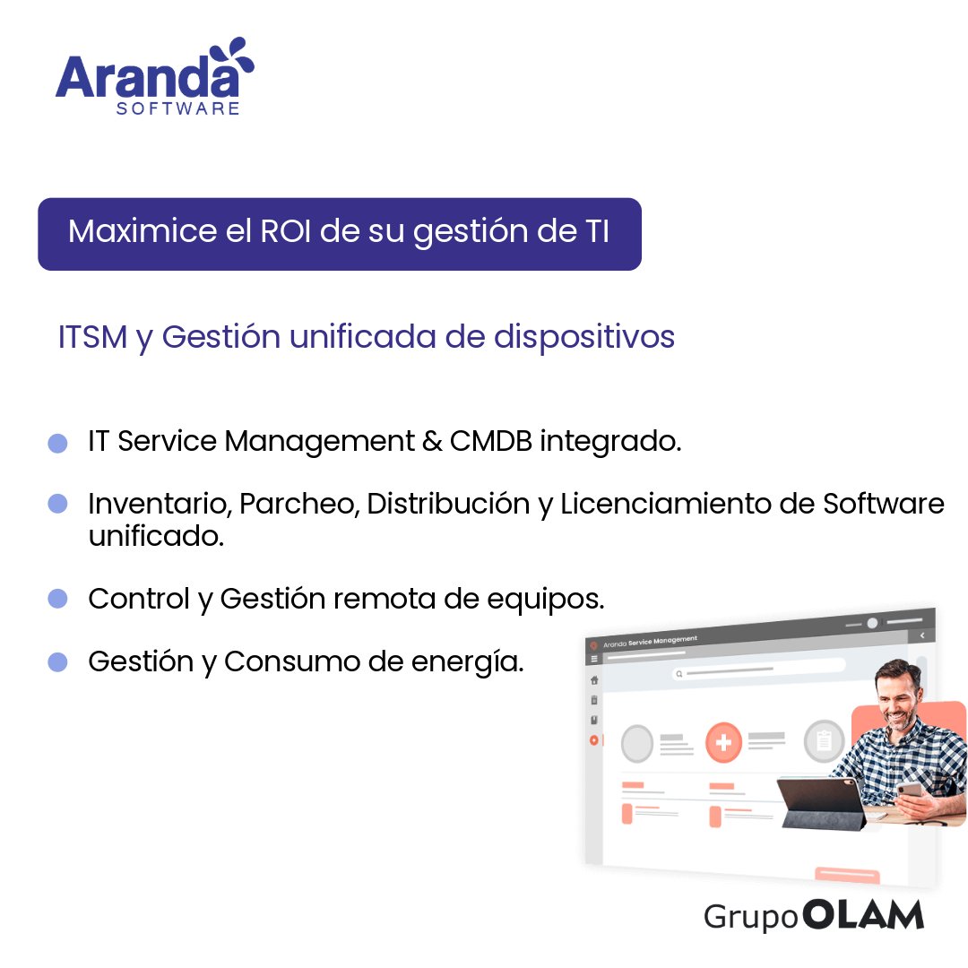 💻 Con las soluciones de Aranda Software, maximizar el ROI de su gestión de TI es posible a través de una administración unificada. 

¿Listo para transformar tu eficiencia operativa? Agendá una demo 👉 marketing@olam.com.py