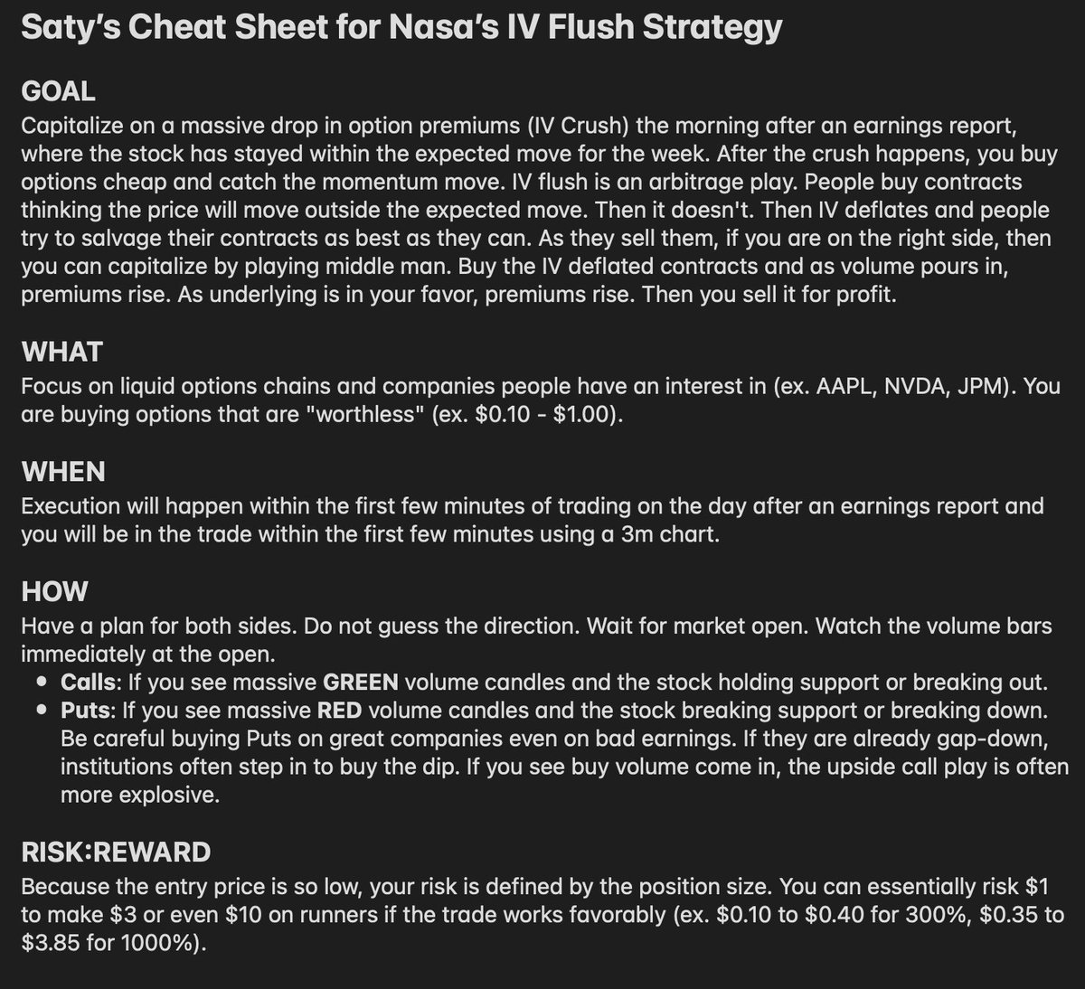 satymahajan's tweet image. If you want to learn how to trade IV Flush, which is a great way to play earnings, you should follow @TheRealNasa00, study his posts, and watch his YouTube videos on it with clear examples. Here's my cheat sheet if it is helpful.