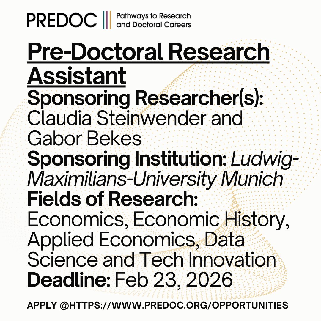 predoc_org's tweet photo. Profs. Claudia Steinwender (@ClaudiaSteinwen) and Gabor Bekes are still looking for a pre-doc to support a research project "Globalization and Industrial Policy: Evidence from the Austro-Hungarian Monarchy (IP-KuK)"
https://t.co/nsOKNTRnrZ https://t.co/QzRUtfXIAd