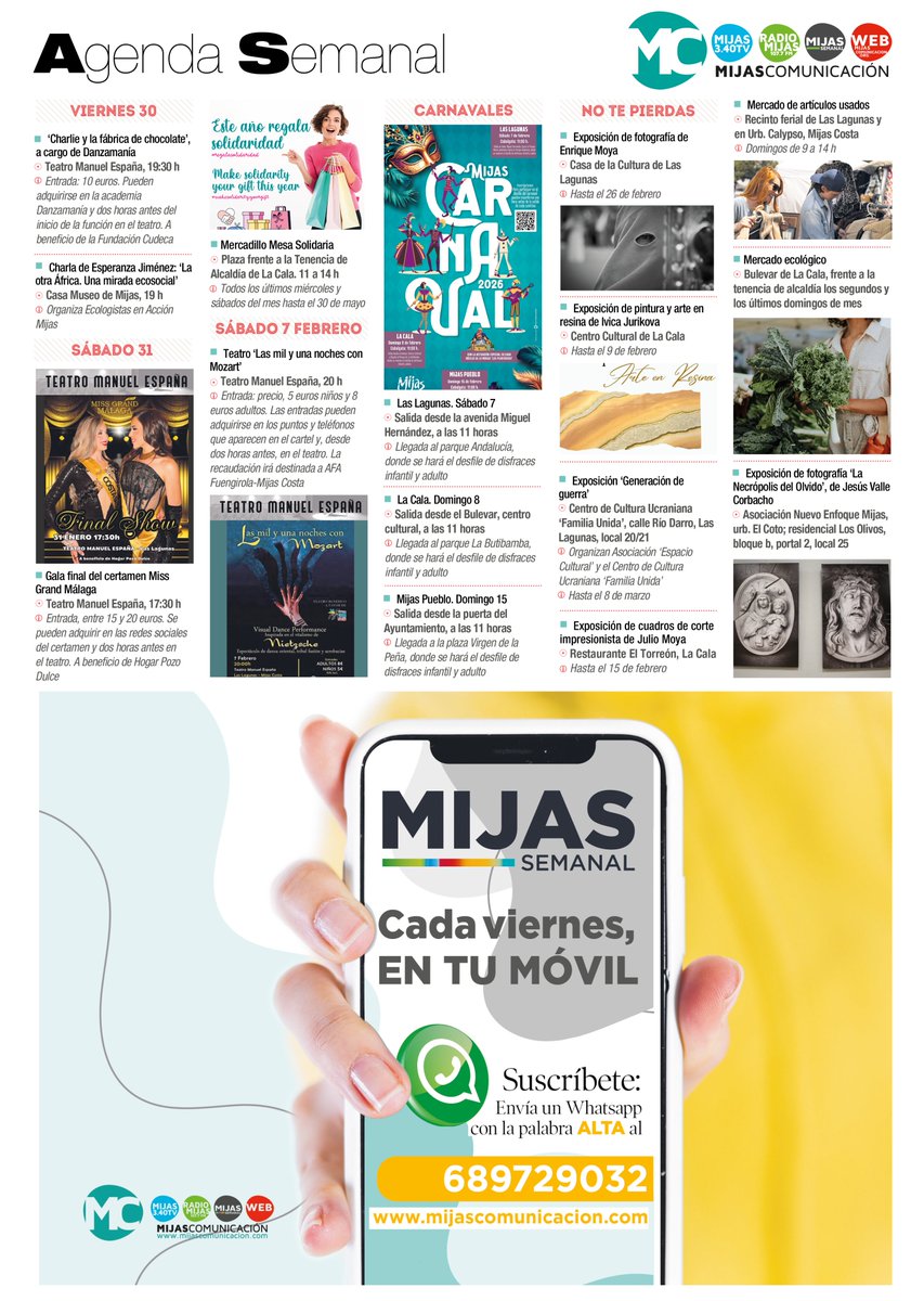 #Agenda | #Mijas 📆 Viernes 30.1.2026
📰Mijas Semanal te acerca la agenda de eventos: exposiciones, fiestas, conferencias, conciertos, mercadillos y mucho más para disfrutar al máximo de las ofertas culturales y de ocio del municipio. 
📲689 72 90 32  
🇪🇸tinyurl.com/4hxkfdt4