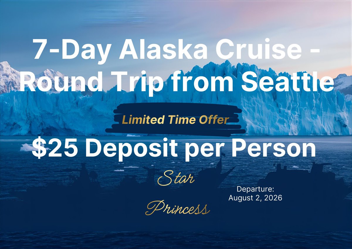 dinabhakta's tweet photo. Embark on a 7‑Day Alaska Cruise aboard Star Princess, departing August 2, 2026. Experience glaciers, wildlife &amp; stunning scenery. cabins are filling fast—book now! 🚢❄️ #Travel https://t.co/NJxBBuMK3T