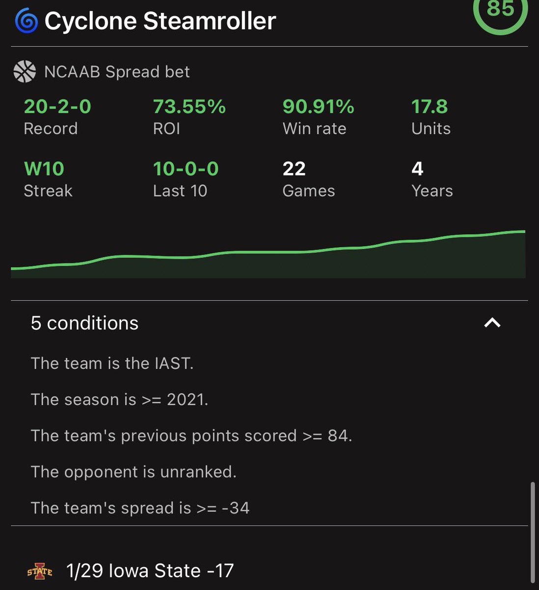 Iowa St -15.5 

20-2 ATS vs unranked opps when they score 84+ the game before since 2021

ROI 📈 73.55%
Win% 💰 90.91%

Let’s go cyclones 🌀 

Trend found via <a href="/trendscenterapp/">trendscenter</a> 

All my other 8 plays are on my free discord…. discord.gg/dKnXdrAxP