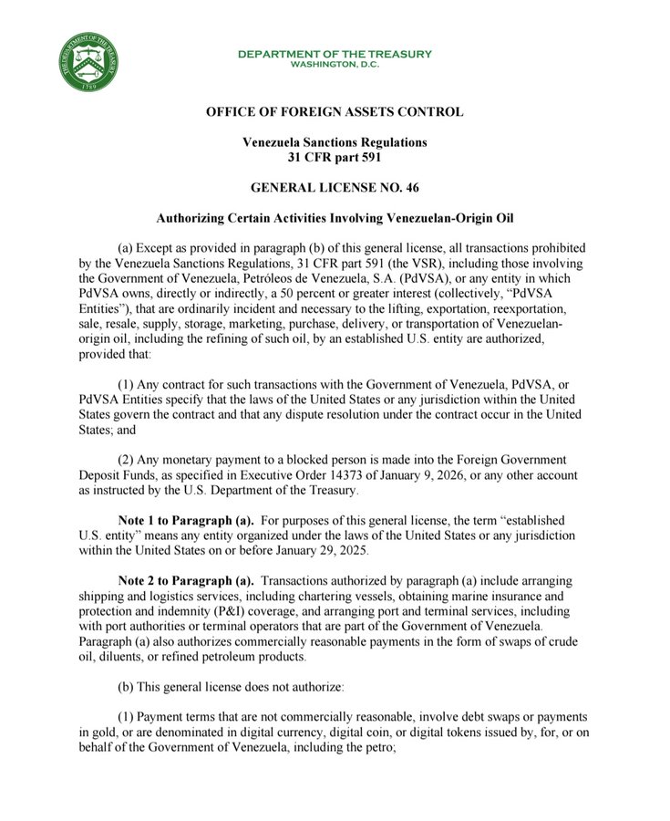 LO ÚLTIMO.
La OFAC-EE.UU emite la Licencia General 46   que autoriza e empresas de Estados Unidos realizar operaciones con el Gobierno de Venezuela, PDVSA o sus entidades, siempre que los contratos se rijan por las leyes de Estados Unidos y los fondos se gestionen de acuerdo a lo