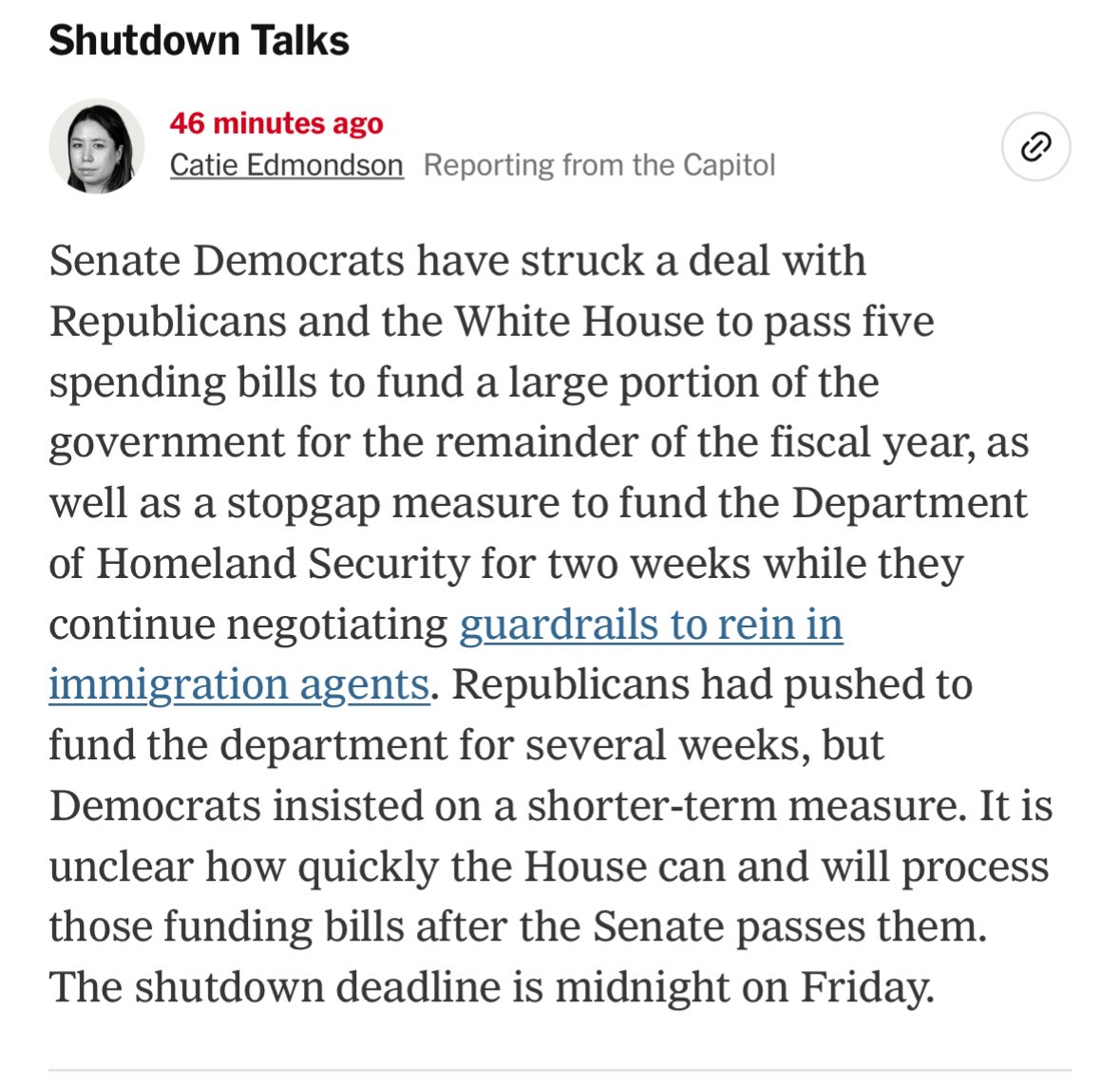 I see we’re at the “forfeit all your leverage and ‘negotiate’ later after public outrage has subsided” phase of insulting everyone’s intelligence. A militarized border is a bipartisan project and nothing—not even videos of US citizens being gunned down—can get in the way of it