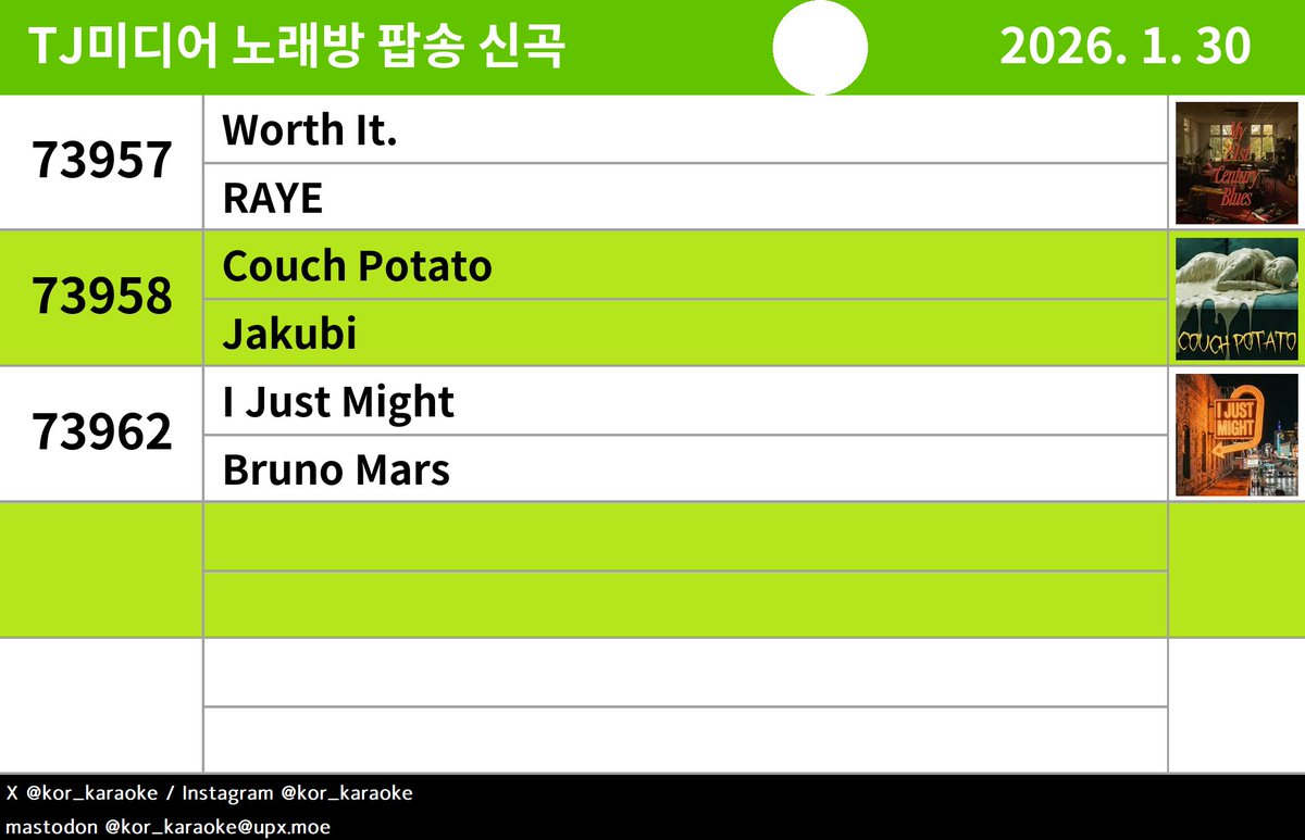 kor_karaoke's tweet photo. #TJ #노래방신곡 #팝송 #POP #RAYE #Jakubi #BrunoMars https://t.co/Fn4AQjwuAY
