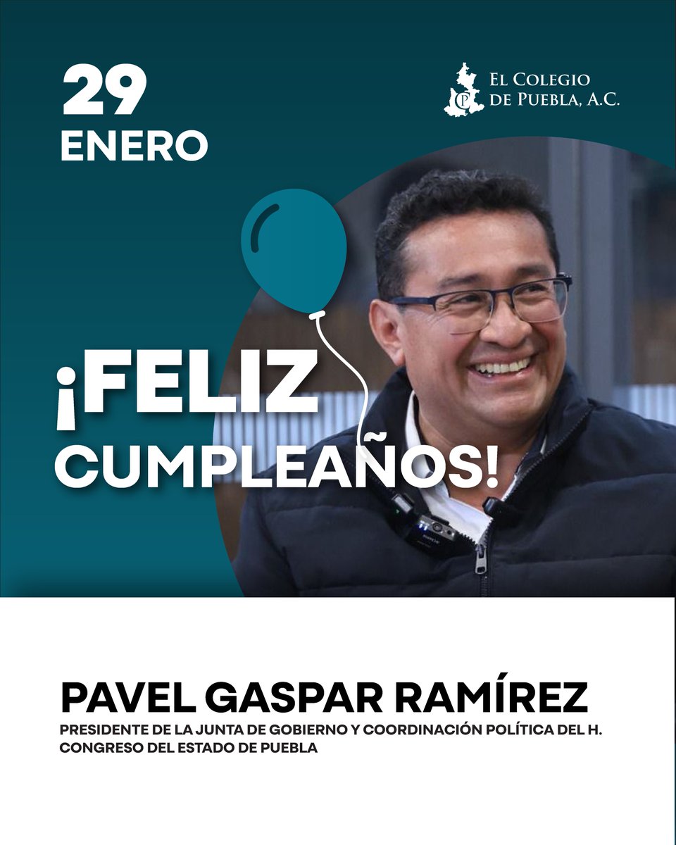 COLPUEAC's tweet photo. A través de la Mtra. Alejandra Sánchez González, El Colegio de Puebla, A.C. felicita al Diputado Pavel Gaspar Ramírez @SoyPavelGaspar, Presidente del H. Congreso del Estado de Puebla, con motivo de su cumpleaños.
¡Muchas felicidades!
#ColPue #ElColegioDePuebla #JoséLuisGarcíaParra #Felicidades #México #Puebla