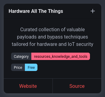 rawsec_cyber's tweet photo. New entries were added on the #Rawsec #Cybersecurity Inventory
@noraj_rawsec added
๐ wafw00f by @0xInfection, @sandrogauci, akun at @enablesecurity
๐ BSCP by @Burp_Suite
๐ Passbolt by @passbolt
๐ Hardware All The Things by @pentest_swissky
https://t.co/5X5G460dwV https://t.co/equMSXjdDc