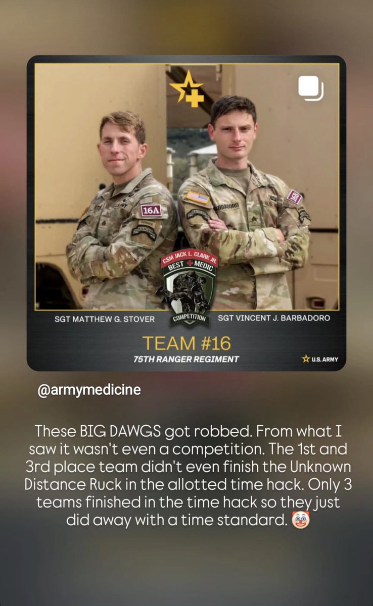 . <a href="/SecWar/">Secretary of War Pete Hegseth</a> <a href="/PeteHegseth/">Pete Hegseth</a> you preach about standards, but standards are arbitrarily removed from the Best Medic Competition because 90% of the teams couldn't meet them. (screenshot is from one of the graders of the competition. He's a 1SG in the 82nd for context) you should fix this