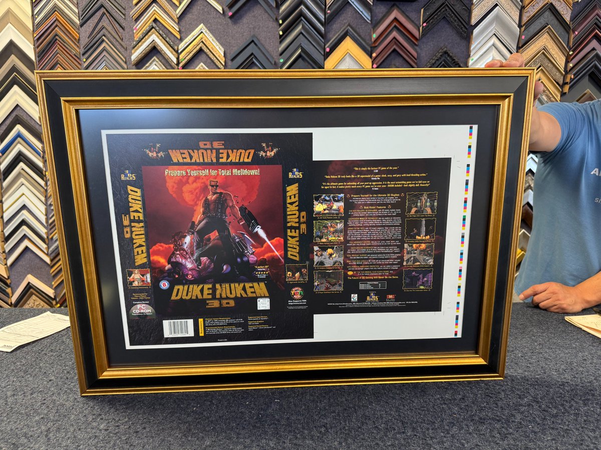 ScottApogee's tweet image. The original Duke Nukem 3D retail box had the stripper shot on the spine. I've got the box proof framed in my office. I don't think many of these were sold in stores because Walmart saw this and threw a baby tantrum about it, forcing us to change the image or they wouldn't sell…