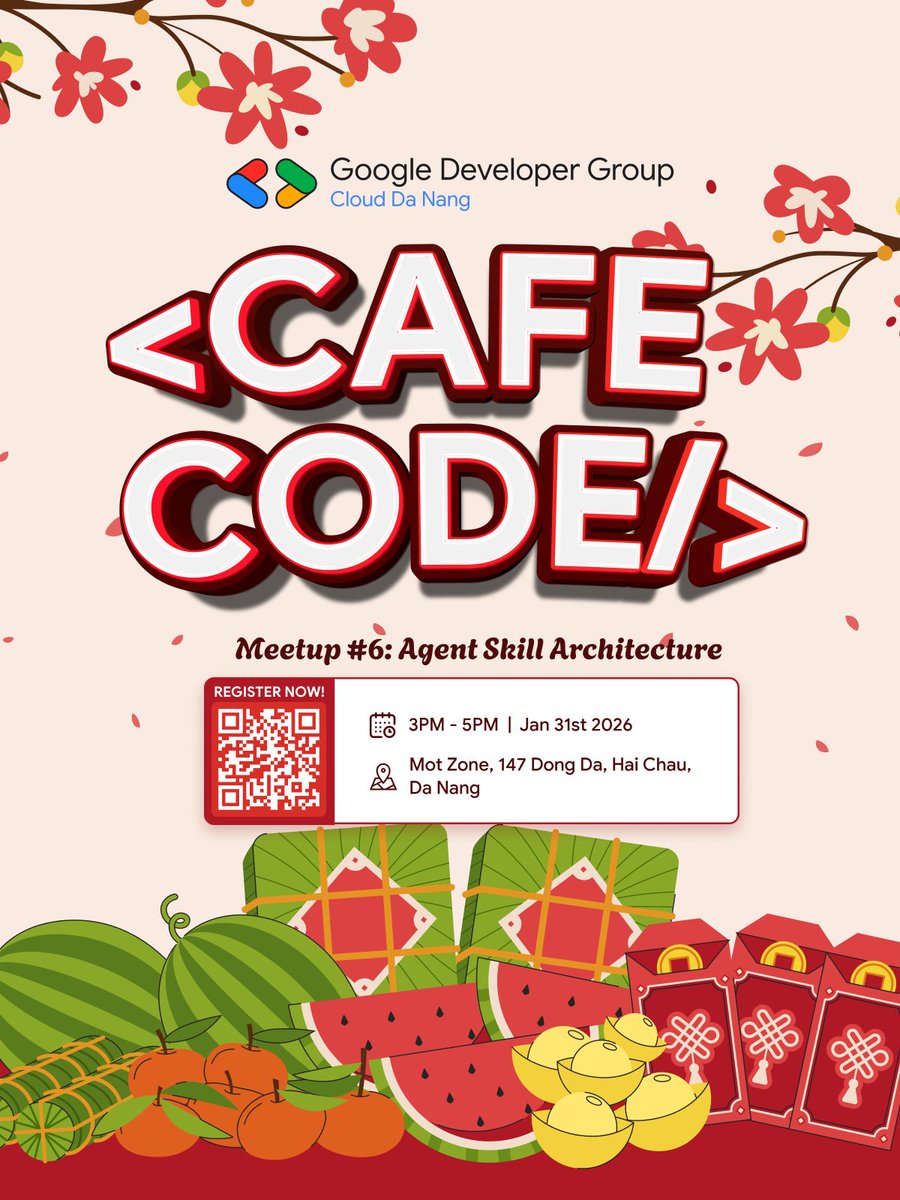 GDGCloudDaNang's tweet photo. Meetup Cafe Code cuối cùng năm Ất Tỵ với chủ đề Agent Skill Architecture

Thời gian: Thứ 7, 31/01/2026 3pm -5pm 
Địa điểm: Mọt Zone, 147 Đống Đa, Hải Châu, Đà Nẵng Link đăng kí: https://t.co/dmtqdl8VCQ https://t.co/LQG2MbVwKR