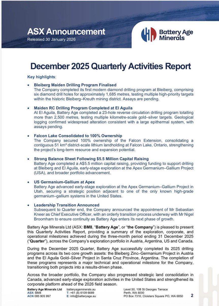#BM8 🔥🔥🔥

#Mining #Lithium #Gold #Silver #Germanium #Gallium

Dec Quarter Update

✅ Bleiberg (Austria): First modern drilling done – 6 holes, 1,685m. Assays pending.

✅ El Aguila (Argentina): 23-hole gold-silver program finished, >2,500m. Strong alteration signs. Assays