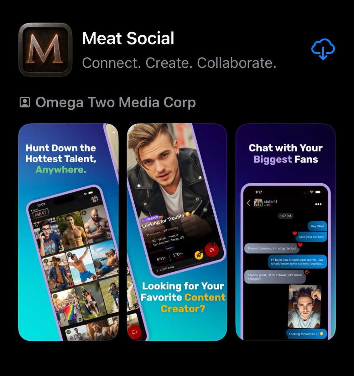 Meat Social - New App for content creators to find other creators and increase their fan base!

* All Profiles have 3 face/torso photos
* No Blank Profiles allowed
*Filter by Platform URLs
* List all your content platforms
* DM all your Followers

bit.ly/MEATSocial