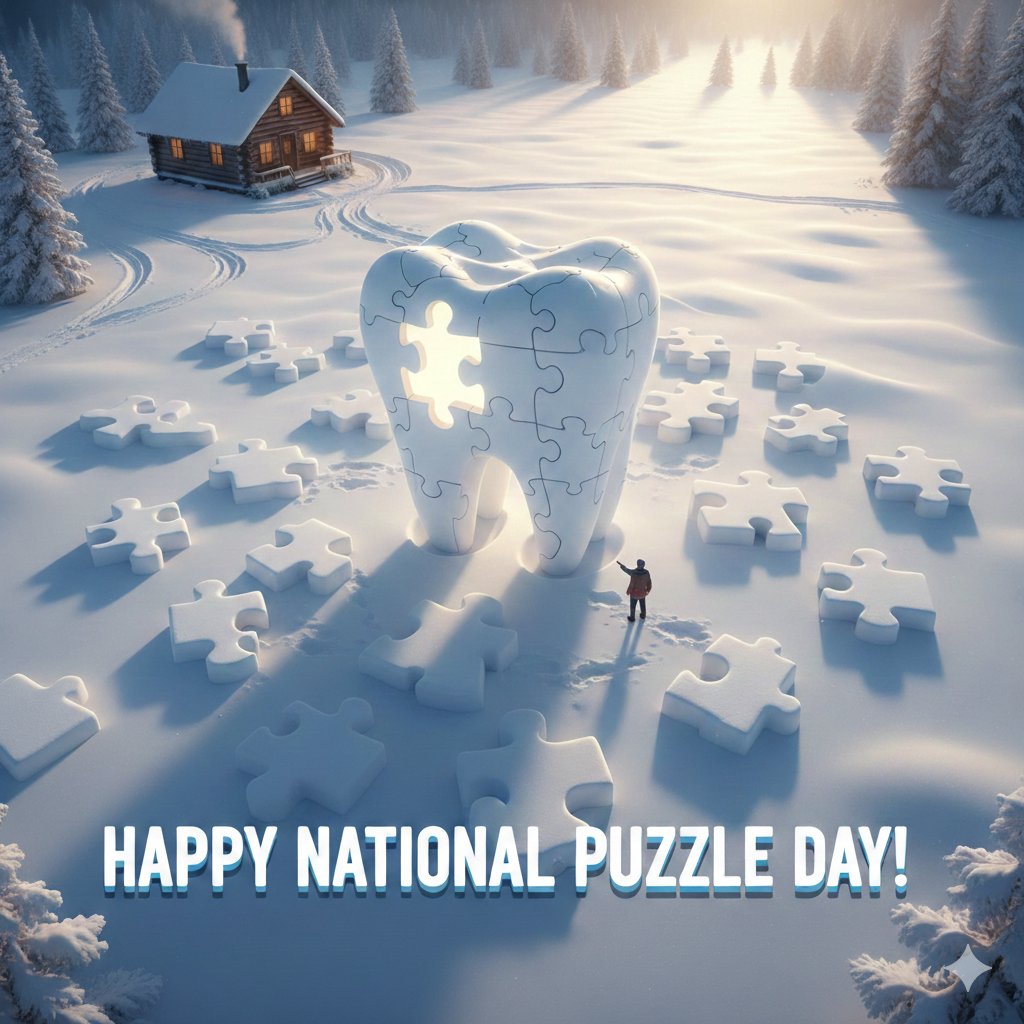 dentalelements's tweet photo. Is it just us, or does January feel like one giant puzzle? 🧩❄️
​Happy #NationalPuzzleDay! Like a great jigsaw, a healthy smile needs all the right pieces—from daily brushing to your regular checkups.
​
​#DentalElements #Denver #WinterSmiles https://t.co/T4yVX4VQp8