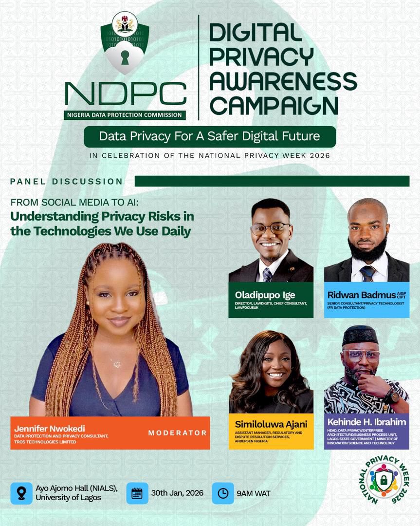 Tros_Tech's tweet photo. Proud moment for Tros Technologies 

Our team member, Jennifer Nwokedi, will be moderating the NDPC panel discussion on data privacy during National Privacy Week 2026.

📍 University of Lagos
🗓 30th January 2026 | 9AM WAT

Important conversations. Real impact https://t.co/qmuowiGxm0