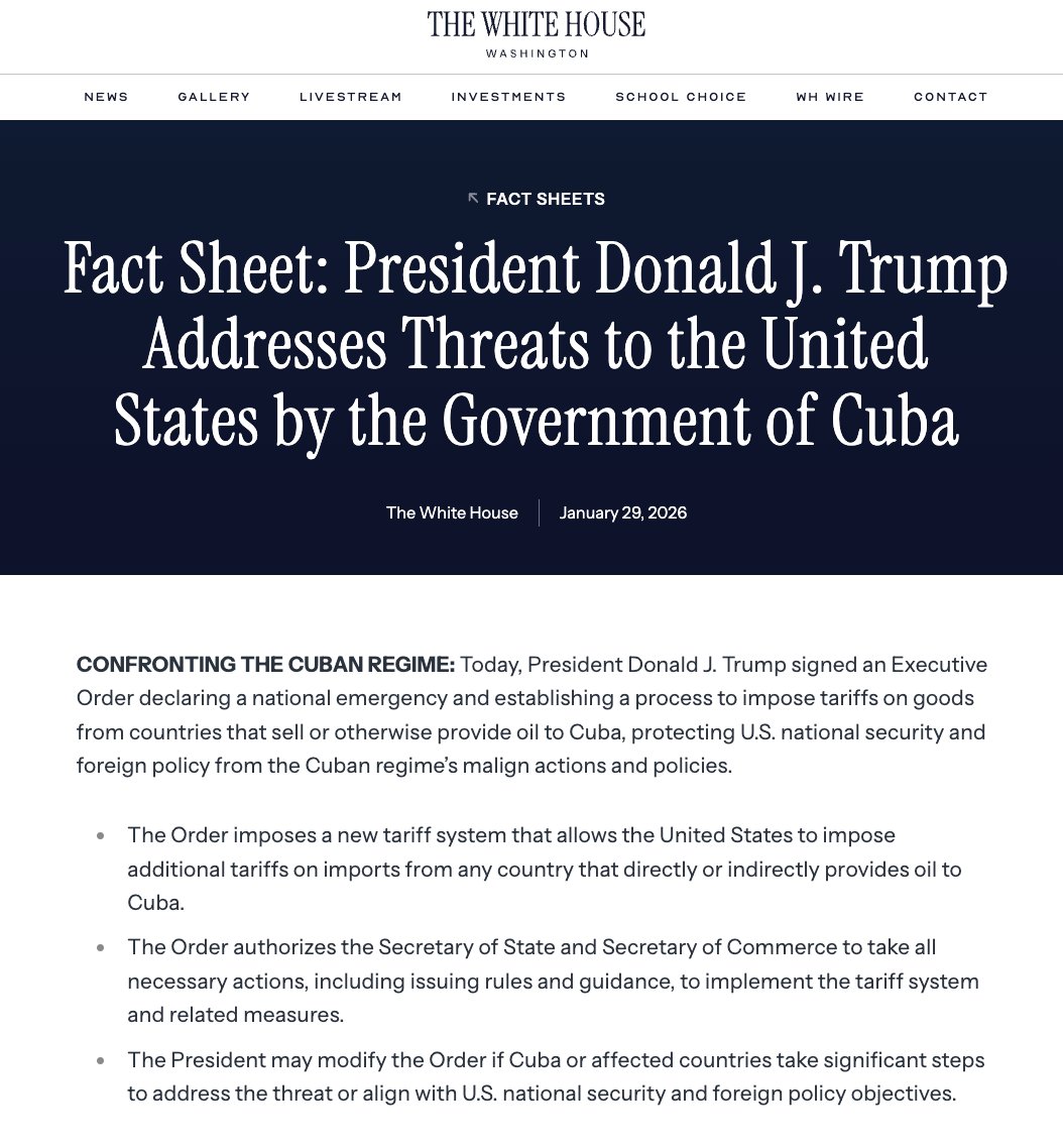 🔴#ÚLTIMAHORA 🇺🇸🇨🇺Donald Trump firmó este jueves una Orden Ejecutiva para declarar emergencia nacional y activar un mecanismo que permita imponer aranceles a países que vendan o suministren petróleo a Cuba.

La medida, explicó la Casa Blanca, busca proteger la seguridad nacional