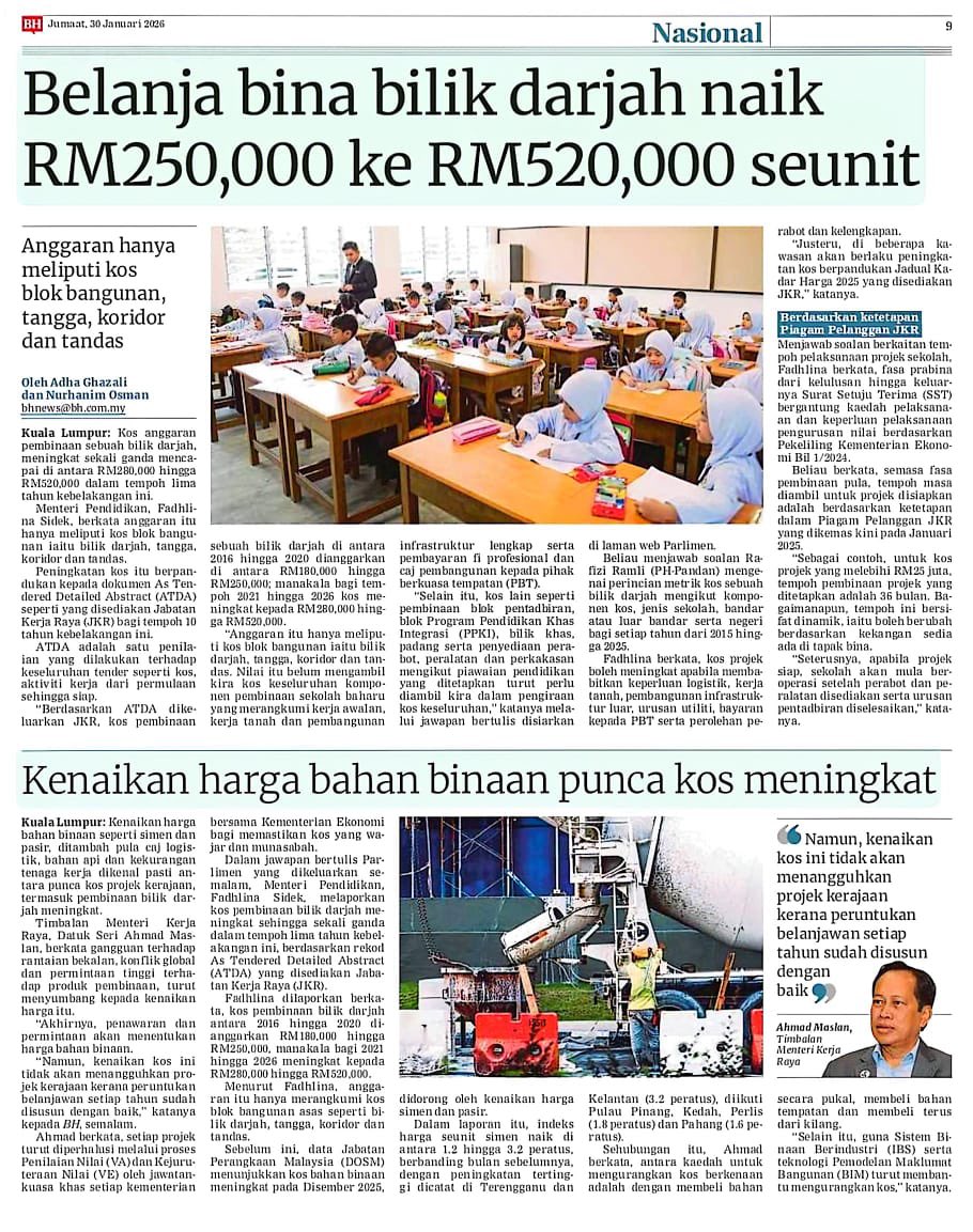 ⚽️Beli secara pukal
🏀Beli bahan tempatan
🏐Beli terus dari kilang 
🥎Guna kaedah #IBS
🏉Guna sistem #BIM
⚾️Bijak atur kewangan
🏈Penguatkuasaan &amp; kawalan harga.

Untuk atasi kos bahan binaan yg meningkat, pelbagai kaedah perlu diambil. Kementerian berkaitan wajar bekerjasama.