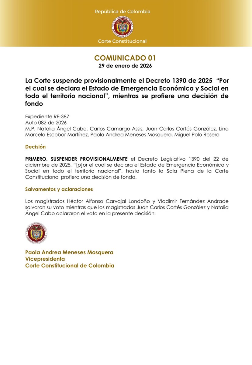 CConstitucional's tweet image. #LaCorteInforma | La Corte suspende provisionalmente el Decreto 1390 de 2025 “Por el cual se declara el Estado de Emergencia Económica y Social en todo el territorio nacional”, mientras se profiere una decisión de fondo.

Comunicado: