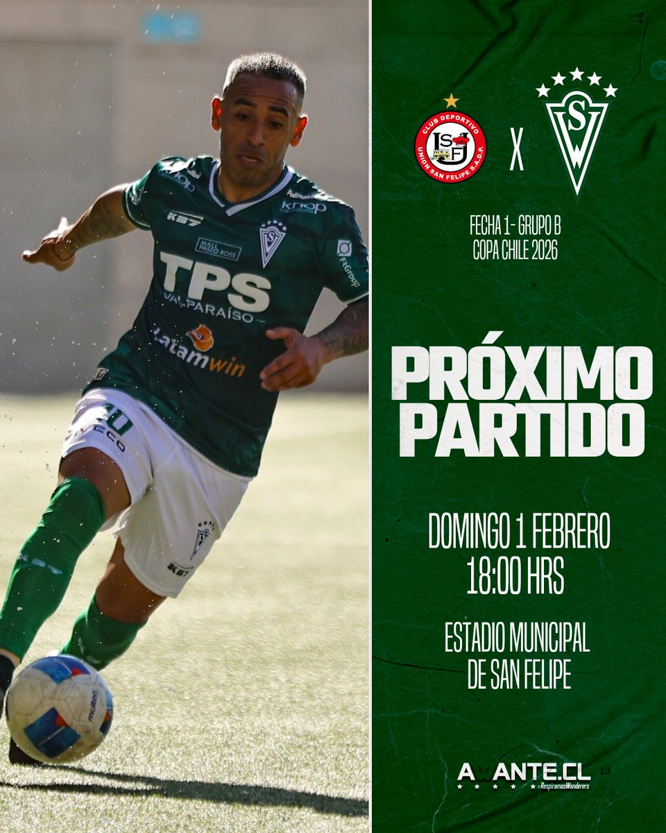 ¡Próximo partido!🇳🇬

⚽️ Fecha 1- Grupo B/ Copa Chile Coca Cola sin Azúcar 2026.
🆚 Unión San Felipe.
🗓️ Domingo 1 de febrero.
🕒 18:00 horas.
🏟️ Estadio Municipal de San Felipe.

#VamosWanderers 🇳🇬