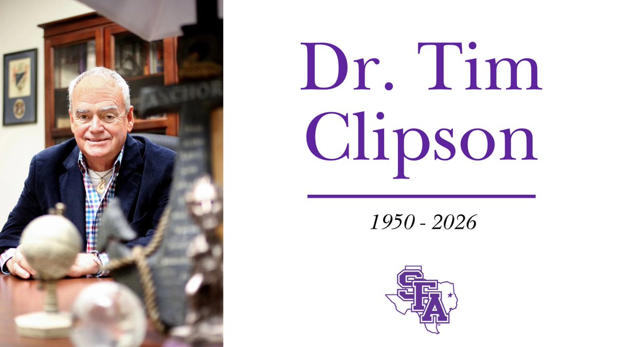 SFASU's tweet photo. It is with deep sadness that we share the passing of beloved SFA professor, Dr. Tim Clipson. For 36 years, Dr. Clipson shaped generations of Lumberjacks as a gifted teacher, mentor and leader. He believed deeply in the power of voice — helping students discover their own and giving them the confidence to lead with integrity, courage and purpose.

In honor of his lasting impact, friends, colleagues and former students are coming together to establish the Dr. Tim Clipson Professorship at Stephen F. Austin State University, to ensure that future generations of Lumberjacks continue to learn from educators who reflect Tim’s passion for teaching and mentorship. To learn more and donate, visit https://t.co/jriR3i4sDI

We extend our condolences to his family, friends, colleagues and former students. 💜