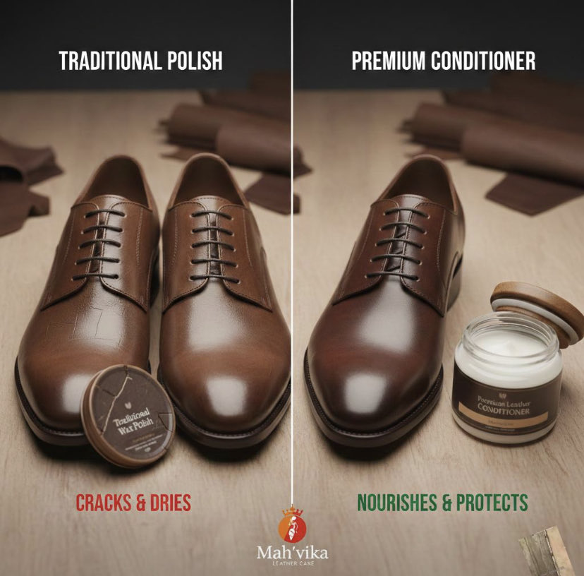 Mah_vika2's tweet photo. The cracks in your leather are mostly caused by constant use of polish.
Polish once in months, substitute that your favorite shoe polish with shoe conditioner and watch your shoes last years and shining🥰 https://t.co/kXo29qDNyv