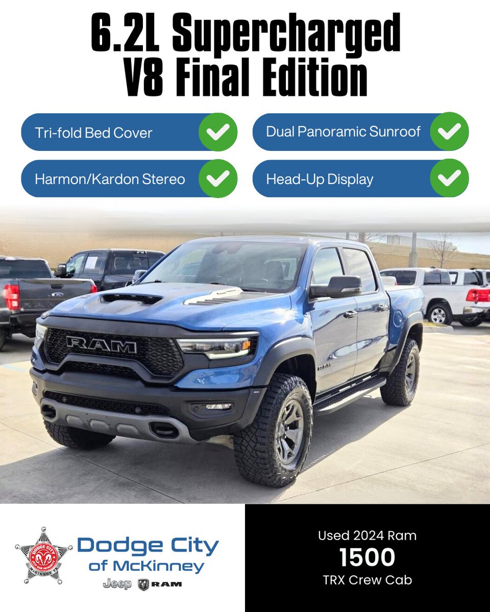 McKinneyDodge's tweet image. New 2024 Ram 1500 TRX Crew Cab delivering extreme power and bold style. Available now at Dodge City of McKinney.

📞 (972) 569-9650
 🌐 Check it out: tinyurl.com/2s48dahx

#RamTRX #Ram1500 #BuiltToPerform #DodgeCityMcKinney