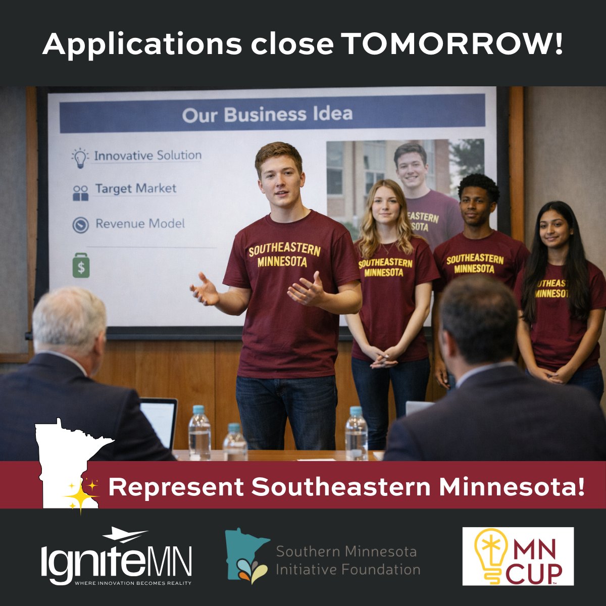🚨 Applications close TOMORROW! 🚨
⏰ Deadline: Saturday, January 31st at 11:59 PM

Our communities are building bold, creative, and impactful businesses — and we want YOU in the spotlight.

Apply TODAY!
entrepreneursfirst.org/ignite-cup

#IgniteCup #MNCup #RepresentSEMinnesota