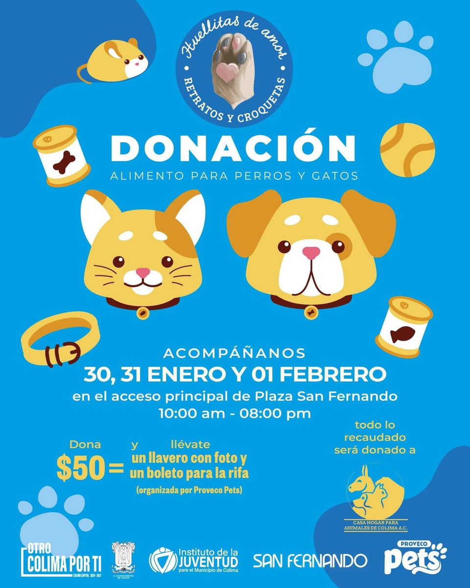 ¡Únete a la donación de alimento para perros y gatos! 🐶🐱 

Te esperamos este 30 y 31 de enero, y 1 de febrero, en la entrada principal de Plaza San Fernando para recibir tus donativos en especie o en efectivo.

Lo recaudado será para  la Casa Hogar para Animales de Colima A.C.