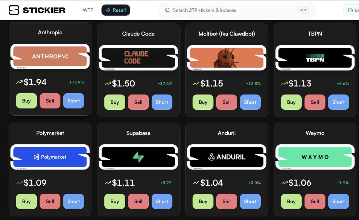 New startup <a href="/stickiers/">stickier</a> from the founder of Fast, lets anyone buy, sell, and trade startup stocks in the form of physical stickers. Really creative way to enable speculation and a market for startups while tying them to an underlying asset. Way more legit than prediction markets.
