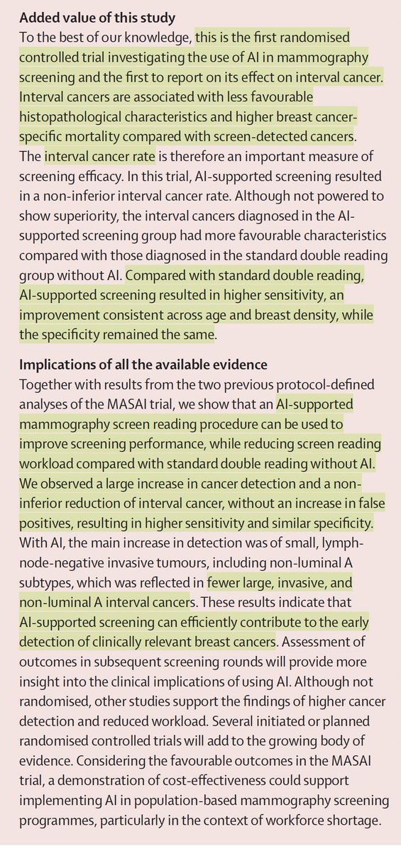 The largest randomized trial of medical A.I.
—Over 100,000 women in Sweden
 —radiologist + AI vs 2 radiologists, in follow-up
—AI added led to 29% more cancer detected, 44% reduced workload, and
—Less cancer dx in subsequent 2 years, and, when found, less aggressive