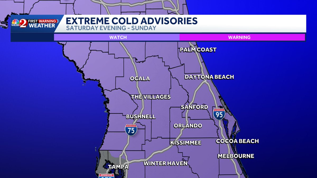 TMainolfiWESH's tweet image. **EXTREME COLD WEATHER WATCH** A rarity here in Central #florida as temps will be in the teens and 20s with #Feels Like" values in the single digits and teens! Stay with #weshwx for uodates. #winter #Arctic #weshwx