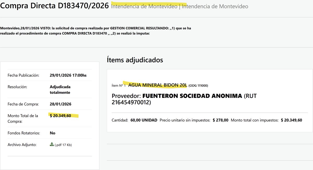 OSE: Que se lo digan a la Intendencia de Montevideo, que dos por tres veo que le hacen pagar a los MONTEVIDEANOS en este caso $ 20.349 para BIDONES DE AGUA. Ellos toman agua pagada por el pueblo, pero este tipo te dice que tomes de la canilla que es potable. Vayanse a cagar.