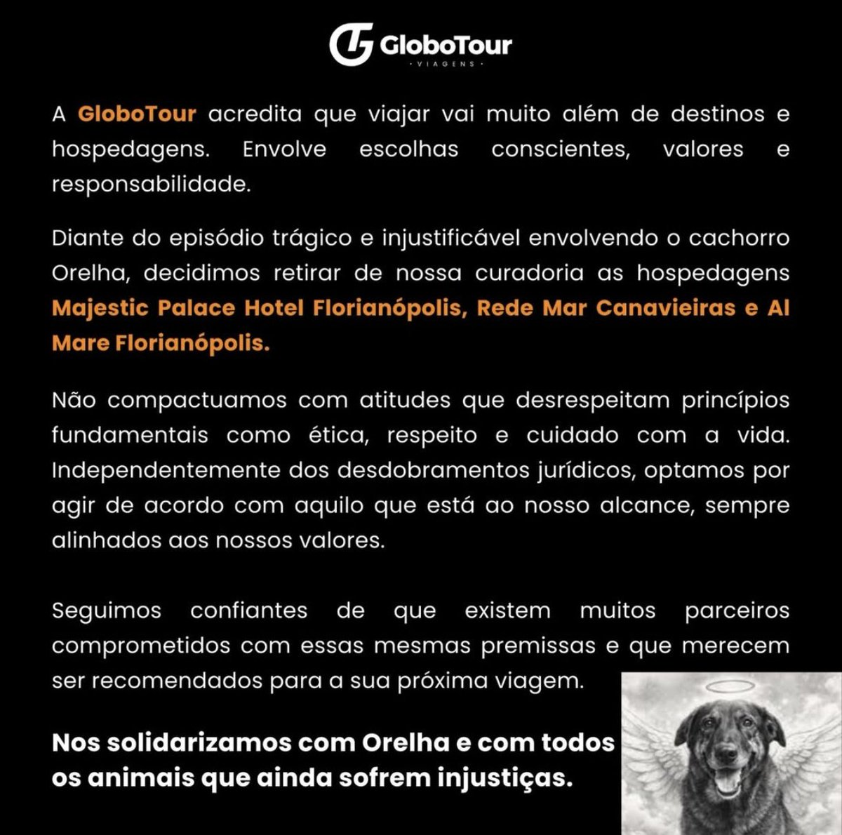 Todas as grandes agências de viagem estão publicando um comunicado que estão deixando de trabalhar com o Hotel Majestic e mais dois hotéis, 
pelas barbaridades cometidas pelos filhos e pelos proprietários. 
<a href="/globotours/">globotours</a> 
#justicapororelha