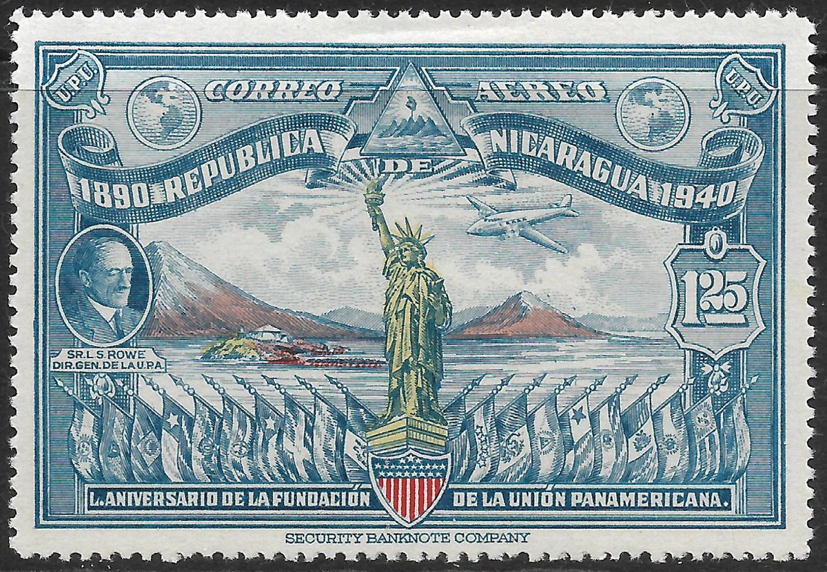 🇳🇮 This is one of the most beautiful stamps I have ever seen. Nicaragua, commemorating the 50th Anniversary of the Pan American Union, Airmail Service, 1.25 Cordobas. At the top, in the corners, are the UPU (Universal Postal Union) emblems, the Statue of Liberty, the Nicaraguan