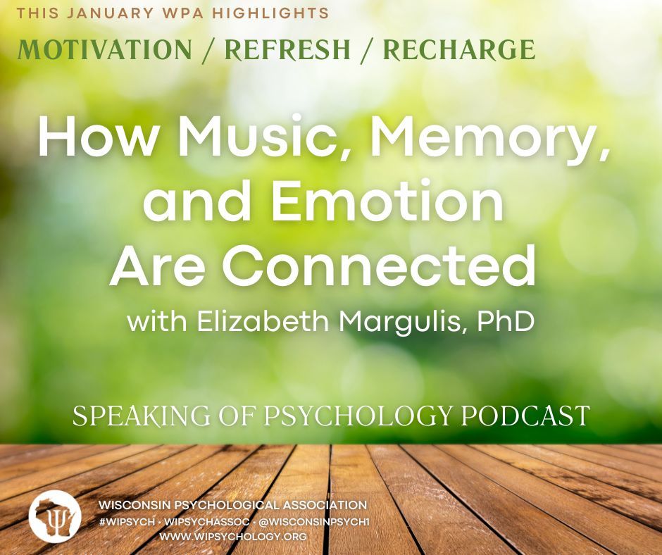 Hear about how music, memory, emotion, and imagination intertwine; why people are especially attached to music from their teen years; earworms, why repetition is important; and more.
#WiPsych • WiPsychAssoc • <a href="/WisconsinPsych1/">Wisconsin Psychological Association</a> • wipsychology.org
apa.org/news/podcasts/…