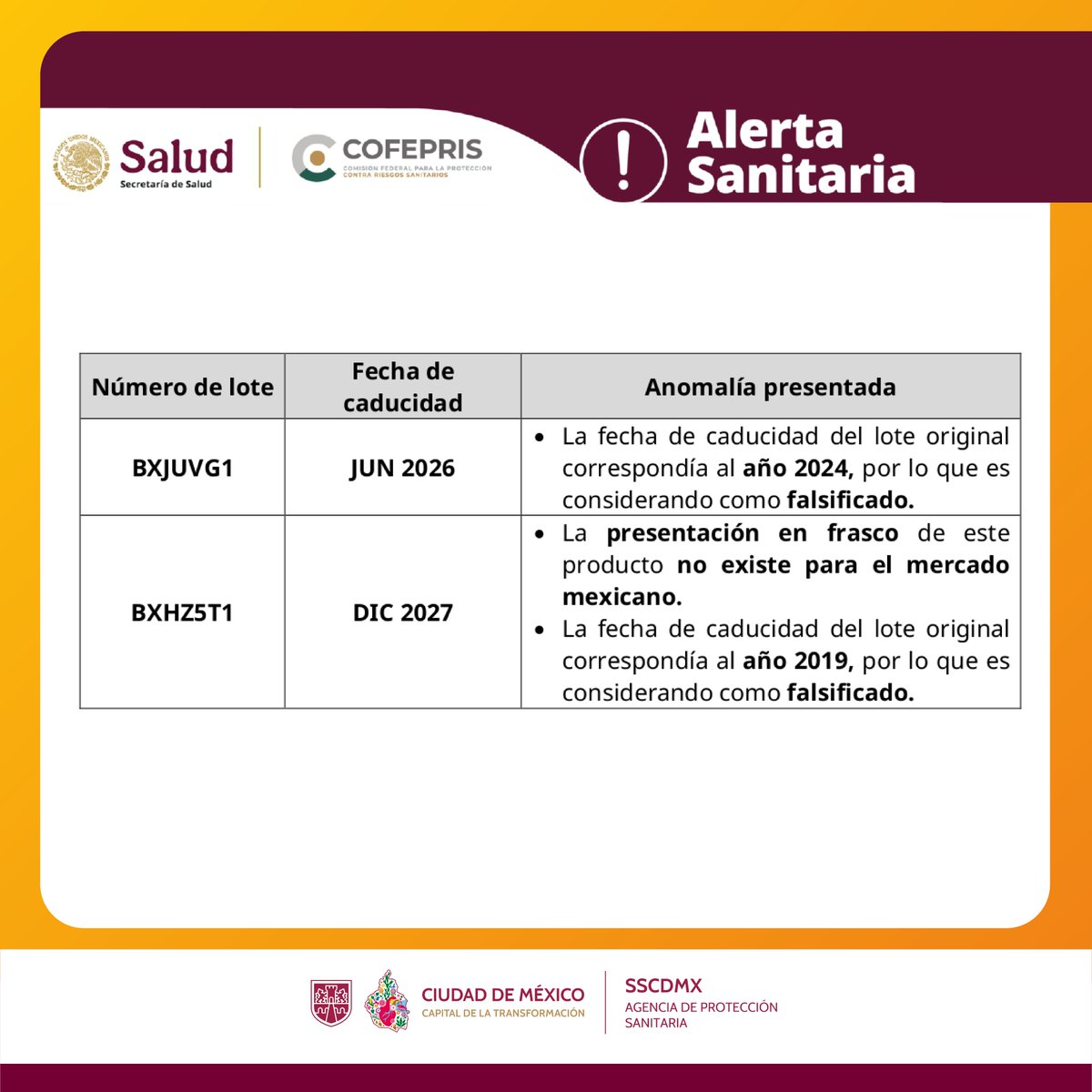 AGSANITARIA's tweet image. 🚨Alertas Sanitarias🚨
  
Se #alerta sobre la #falsificación de dos lotes del medicamento #Xarelto® (Rivaroxabán) 20 mg.👇

👥Invitamos a la ciudadanía a #reportar su venta al correo denuncias.agepsa@gmail.com,o al teléfono 55 5740 0706.
 
Más información👉goo.su/xjtdZ