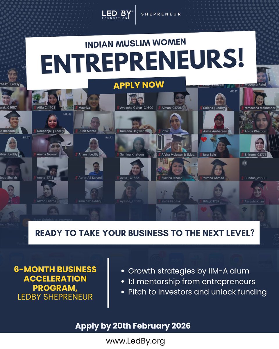 🚀 Shepreneur Applications 2026 are now open! 🚀

LedBy Shepreneur Program 2026 is designed for Indian Muslim women entrepreneurs building businesses who want the right guidance, community, and confidence to move forward.

 👉 Apply here: ledby.org/apply-for-ledby