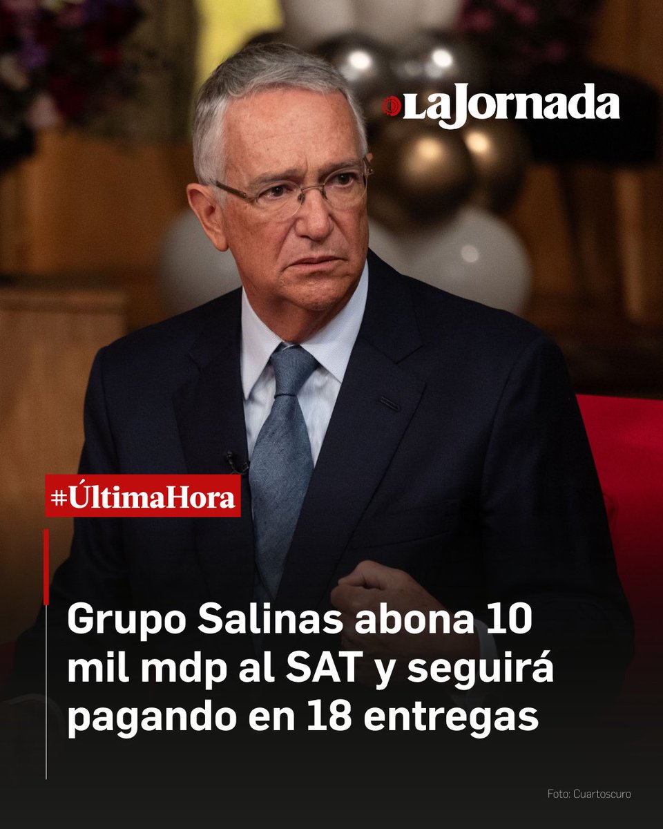 #ÚLTIMAHORA. Grupo Salinas comienza a pagarle al SAT

El SAT informa que Grupo Salinas le pagará 32 mil 132.9 millones de pesos por impuestos atrasados; ya abonó 10 mil 400.6 millones. El resto lo cubrirá en 18 pagos.

Más información en jornada.com.mx/noticia/2026/0…