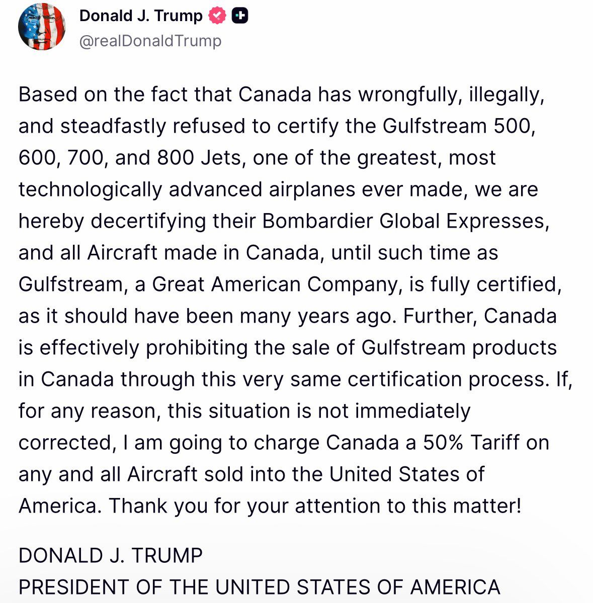 MarioNawfal's tweet image. 🚨🇺🇸🇨🇦 BREAKING: TRUMP DECERTIFIES ALL CANADIAN-MADE AIRCRAFT, THREATENS 50% TARIFF

The president says Canada has "wrongfully and illegally" refused to certify Gulfstream jets while letting Bombardier operate freely.

His response: Decertify all Bombardier Global Expresses and…