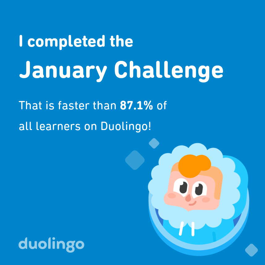 achebiojon's tweet photo. I completed the January challenge faster than 87.1% of all learners on Duolingo! https://t.co/fydA3RYNlQ