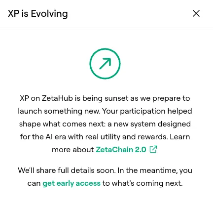 ZetaChain's tweet image. Update on XP:

As ZetaChain 2.0 expands into the Universal Layer for AI and Web3, we’re transitioning XP into a new AI Credits and Membership system designed for the AI era.

- OG XP contributors will be recognized
- Top XP members will unlock membership perks

Full details next…