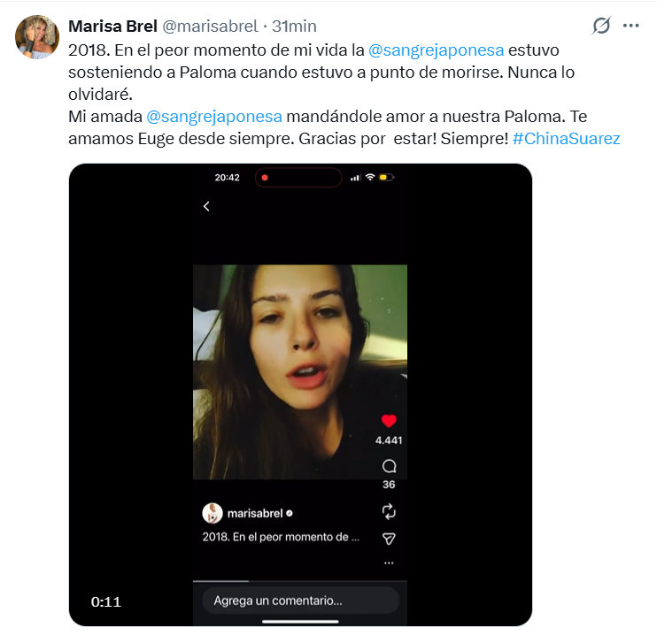 plchismes's tweet image. 🚨 MARISA BREL compartió un sentido mensaje dedicado a LA CHINA SUÁREZ ❤️‍🩹

Recordó el apoyo de EUGENIA en 2018, en uno de los momentos más duros de su vida, cuando estuvo al lado de PALOMA, su hija. Un gesto que nunca olvidará 🕊️✨