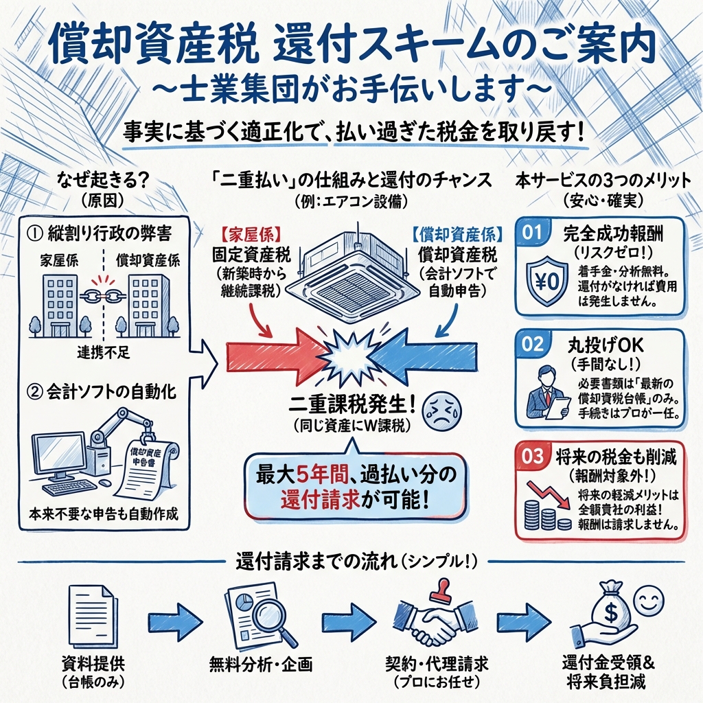bridgellcjp's tweet photo. 【経営者・経理の方へ】 その償却資産税、払いすぎていませんか？💸実は「会計ソフトの自動作成」をそのまま申告すると、建物と設備で税金の二重払いになるケースが多発しています。特にエアコン交換などは要注意⚠️ 在籍30名超の士業集団が支援します。
#節税 #経理 #コスト削減 https://t.co/Vkz3gMabjN